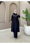Women's 2-Piece Set Hooded Long Coat Trousers Double Crepe Relaxed Cut Daily Hijab Set N-05539 _ Black - 2