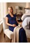 New Season Navy Blue Lace Detailed Buttoned Design with Breastfeeding Feature Short Sleeve 100% Cotton Maternity Nightgown - 4