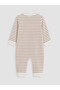 Beige Crew Neck Striped Baby Boy Jumpsuit - 3