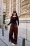 Coffee-Colored Striped Pants with Elastic Waistband