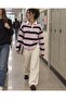 Women's Striped Long Sleeve T-Shirt Pink Navy Blue Polo Collar Buttoned Oversize Rugby Model - 4