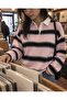 Women's Striped Long Sleeve T-Shirt Pink Navy Blue Polo Collar Buttoned Oversize Rugby Model - 5
