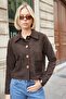 Women's Velvet Denim Collared Pocketed Long Sleeve Short Jacket-Brown - 2