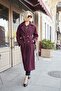 Women's Cashmere Collared Raglan Sleeve Long Coat with Pockets and Slit on the Back - Plum