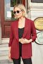 Women's Jacquard Stretch Fabric Shawl Collar Capri Sleeve Stitched Blazer Jacket-Red Houndstooth - 3