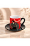 Red Artistic Patterned Turkish Coffee Cup with Black Saucer, Set of 2 - 2