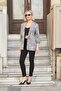 Women's Jacquard Stretch Fabric Shawl Collar Capri Sleeve Stitched Blazer Jacket-Black Waterfall - 4