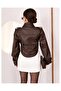 Cup Detail Crop Brown Leather Jacket - 3