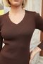 Women's Stretchy Knitwear V-Neck Long Sleeve Body Blouse-Brown - 6
