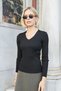 Women's Stretchy Knitwear V-Neck Long Sleeve Body Blouse-Black - 3