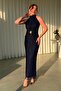 Women's Halter Neck Zebra Sim Patterned Long Evening Dress with Metal Accessories and Zipper and Laces - 5