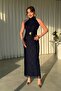 Women's Halter Neck Zebra Sim Patterned Long Evening Dress with Metal Accessories and Zipper and Laces - 6