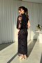 Women's Draped Single Sleeve Open Shiny Tulle Floral Patterned Long Evening Dress - 3