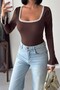 Women's Long Spanish Sleeve Square Collar Lace Trim Sandy Fabric Blouse - 6