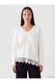 Ozmarka New Season White V-Neck Lace Detailed Women's Oversize Knitwear Sweater