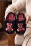Black Plaid Bear Figured Plush House Slippers, Soft Winter House Slippers with Chevron Sole
