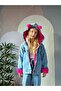 Girl's Character Patterned Hooded Plush Lined Denim Coat - 3