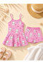 Girl's Pink Cat Patterned Suspender Skirt Look Shorts Two-Piece Set