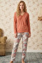 Salmon Patterned V-Neck Ruched Viscose Knitted Pajama Set 26224610 - 2