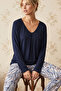 Navy Blue Patterned V-Neck Viscose Knitted Pajama Set 26224630