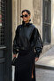 Zr Model Black Oversize Stand Collar Belted Leather Jacket - 4