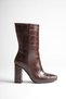 Fv508A Women's Bitter Brown Crocodile Printed Leather Blunt Toe Thick Block Heeled Zippered Ankle Boots - 3