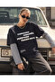 Women's Layered Look T-Shirt through Disorder Printed Navy Blue – Striped Sleeve Detail - 6