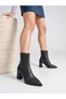 Fv507S Women's Black Leather Pointed Toe Thick Block Heeled Zippered Short Boots - 2