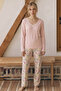Light Salmon Patterned V-Neck Buttoned Ruched Viscose Knitted Pajamas Suit 26224612 - 2