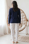 Navy Blue Patterned Embroidered Large Size Oversized Viscose Knitted Pajama Set 26224830 - 3