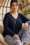 Navy Blue Patterned Large Size Oversized Viscose Knitted Pajama Set 26224817