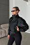 Zr Model Black Oversize Stand Collar Belted Leather Jacket - 3