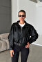 Zr Model Black Oversize Stand Collar Belted Leather Jacket - 4