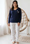 Navy Blue Patterned Embroidered Large Size Oversized Viscose Knitted Pajama Set 26224830 - 2