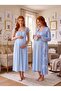 New Season Blue Patterned Design with Easy Breastfeeding Feature, Lace Detailed Wide Straps, 100% Cotton Maternity Nightgown Set - 3
