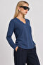 V-Neck Draped Viscose Blouse Lrn0073 Indigo Blue - 3