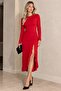 Women's Long Sleeve Side Gathered Slit Detailed Slit Lycra Long Asymmetrical Skirt Dress