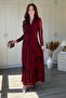 Double-Breasted Collar Patterned Glittery Maxi Tulle Burgundy Dress - 3