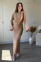 Satin Belted Waist Draped Padded Maxi Beige Dress - 7