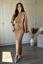 Satin Belted Waist Draped Padded Maxi Beige Dress