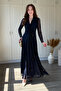 Double-Breasted Collar Patterned Glittery Maxi Tulle Dress - 3