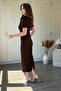 Shoulder Detailed High Collar Padded Glittery Midi Brown Dress - 6