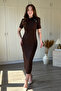 Shoulder Detailed High Collar Padded Glittery Midi Brown Dress - 9