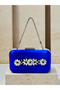 Saks Blue Satin Silver Metal Detailed Crystal Stone Embroidered Chain Strap Women's Evening Dress Bag Wedding Engagement Graduation - 6