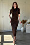 Shoulder Detailed High Collar Padded Glittery Midi Brown Dress - 7