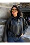 Women's Belted Detail Oversize Bomber Leather Jacket - 4