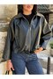 Women's Belted Detail Oversize Bomber Leather Jacket - 5