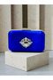 Saks Blue Satin Silver Metal Detailed Crystal Stone Embroidered Chain Strap Women's Evening Dress Bag Wedding Engagement Graduation - 7