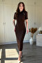 Shoulder Detailed High Collar Padded Glittery Midi Brown Dress - 8