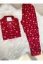 Red Cookie Man and Mug Patterned Suede Shirt Collar Long Sleeve Pajama Set - 2